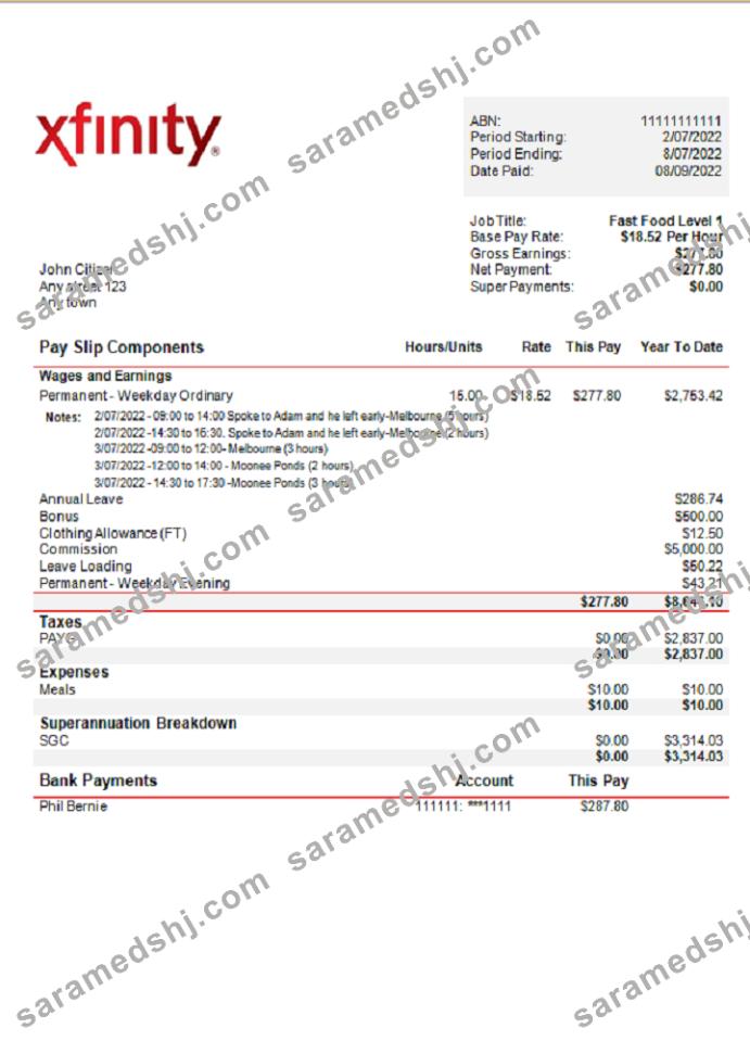 USA Xfinity broadasting company pay stub